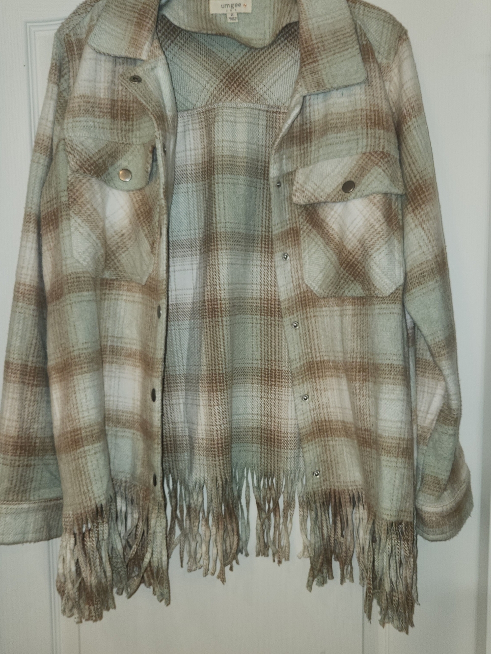 Umgee Plaid Fringe Shacket in Sage and Tan Plaid